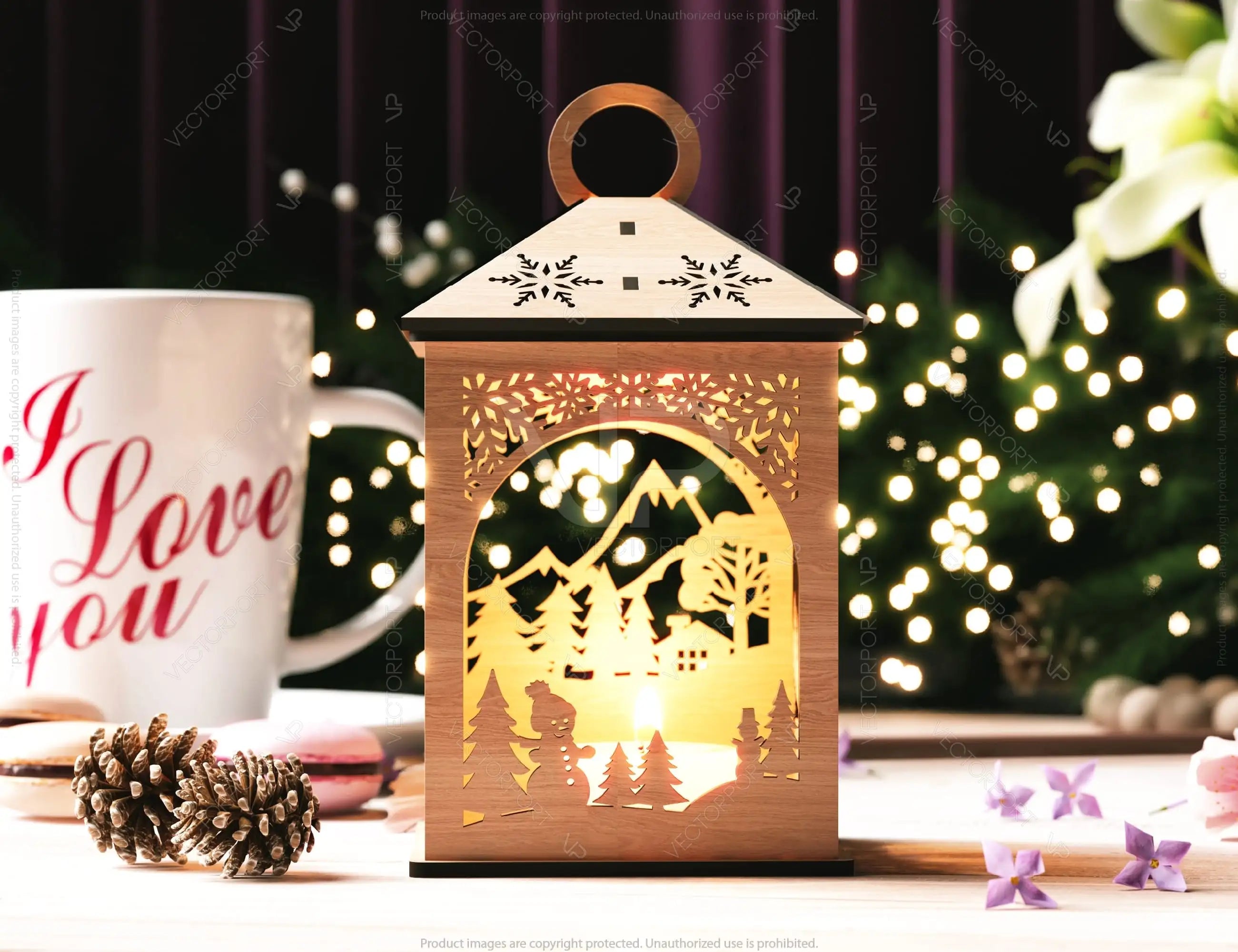 Snowy Scene Christmas Lantern: 3D Laser Cut Candle Holder, Winter Wonderland Decoration Night Light, Digital Download |#U428|
