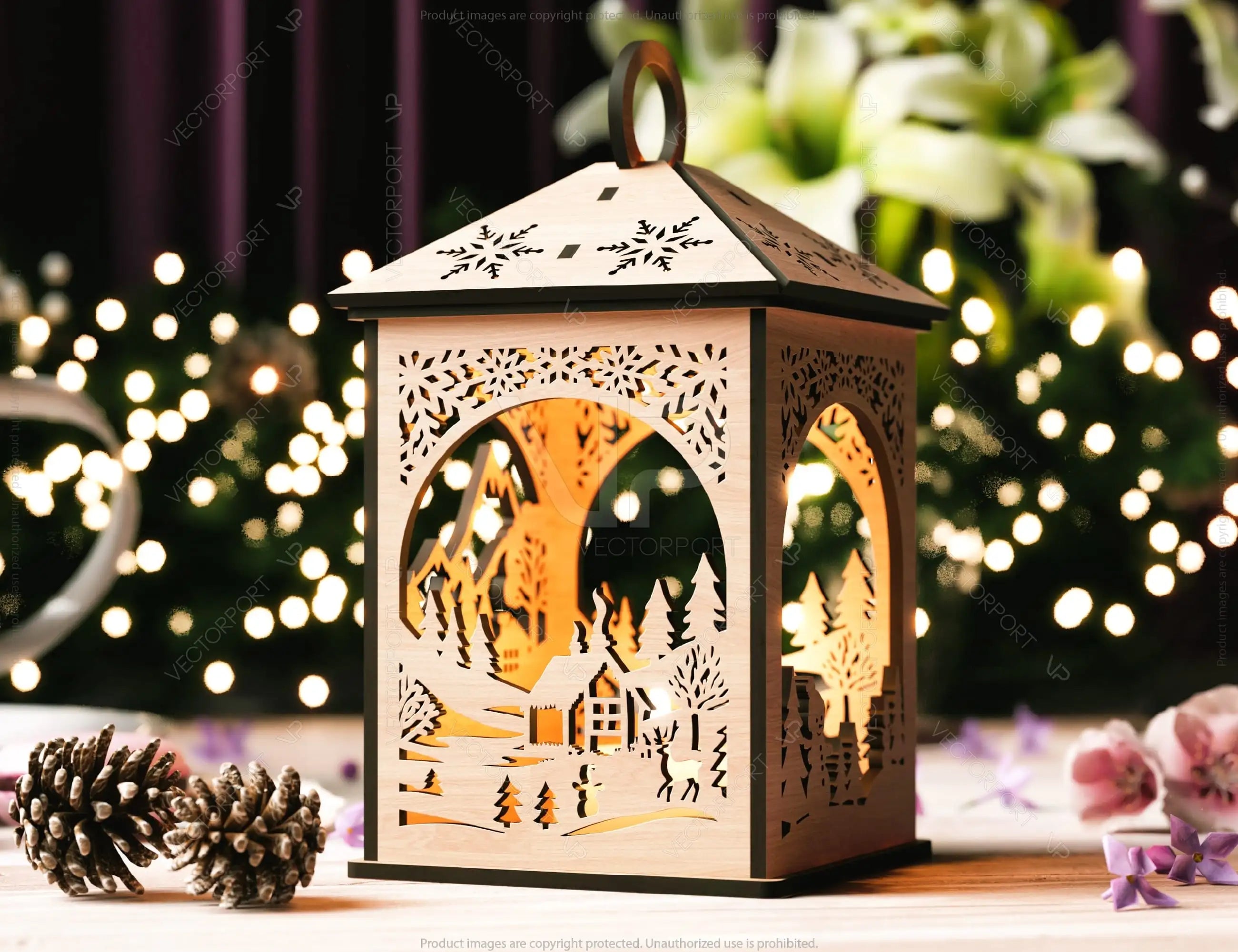 Snowy Scene Christmas Lantern: 3D Laser Cut Candle Holder, Winter Wonderland Decoration Night Light, Digital Download |#U428|