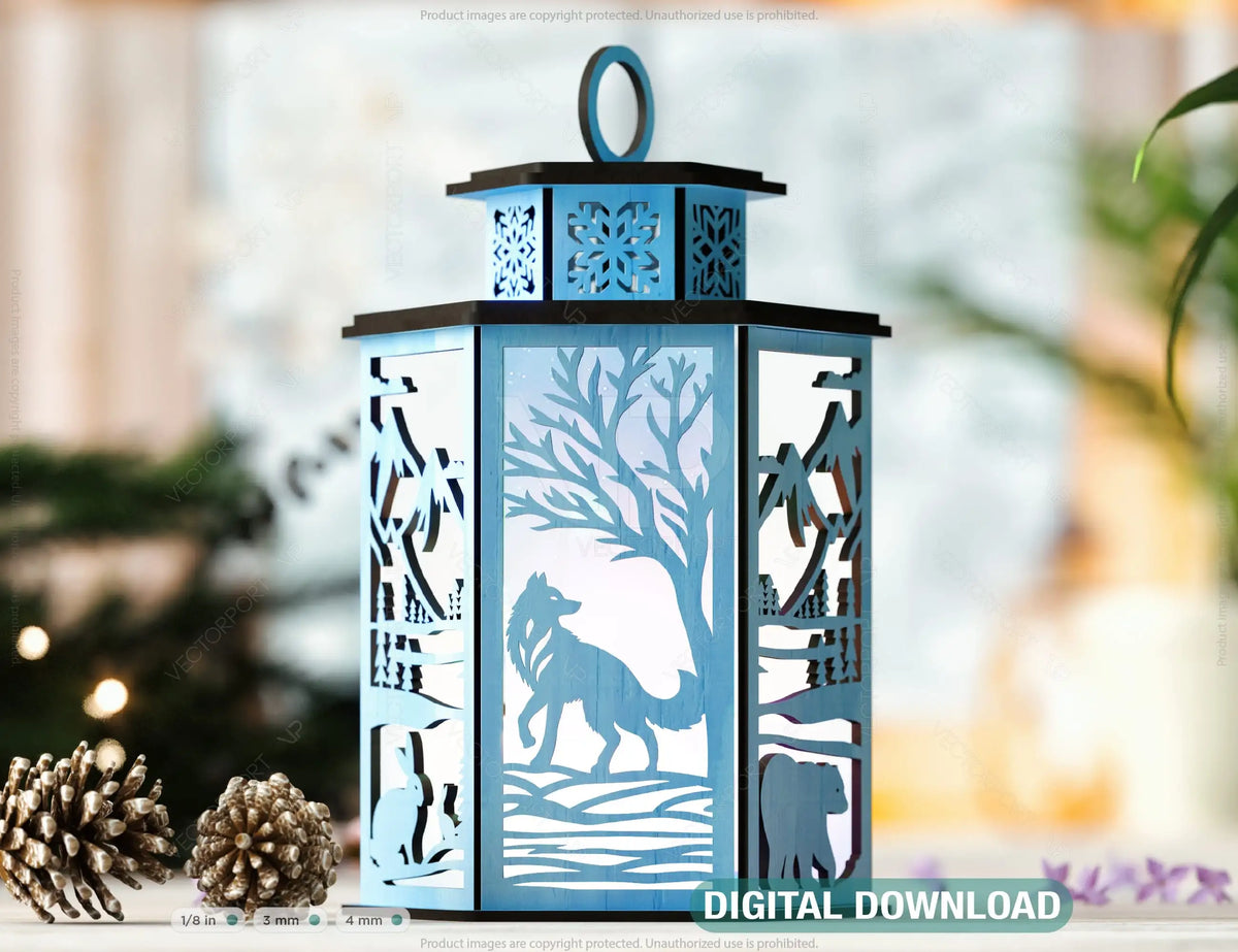 Arctic Glow:  3D Polar Animal Arctic Scene Laser Cut Lantern with Reindeer, Polar Bear & Snowy Landscape Lamp Digital Download |#U432|