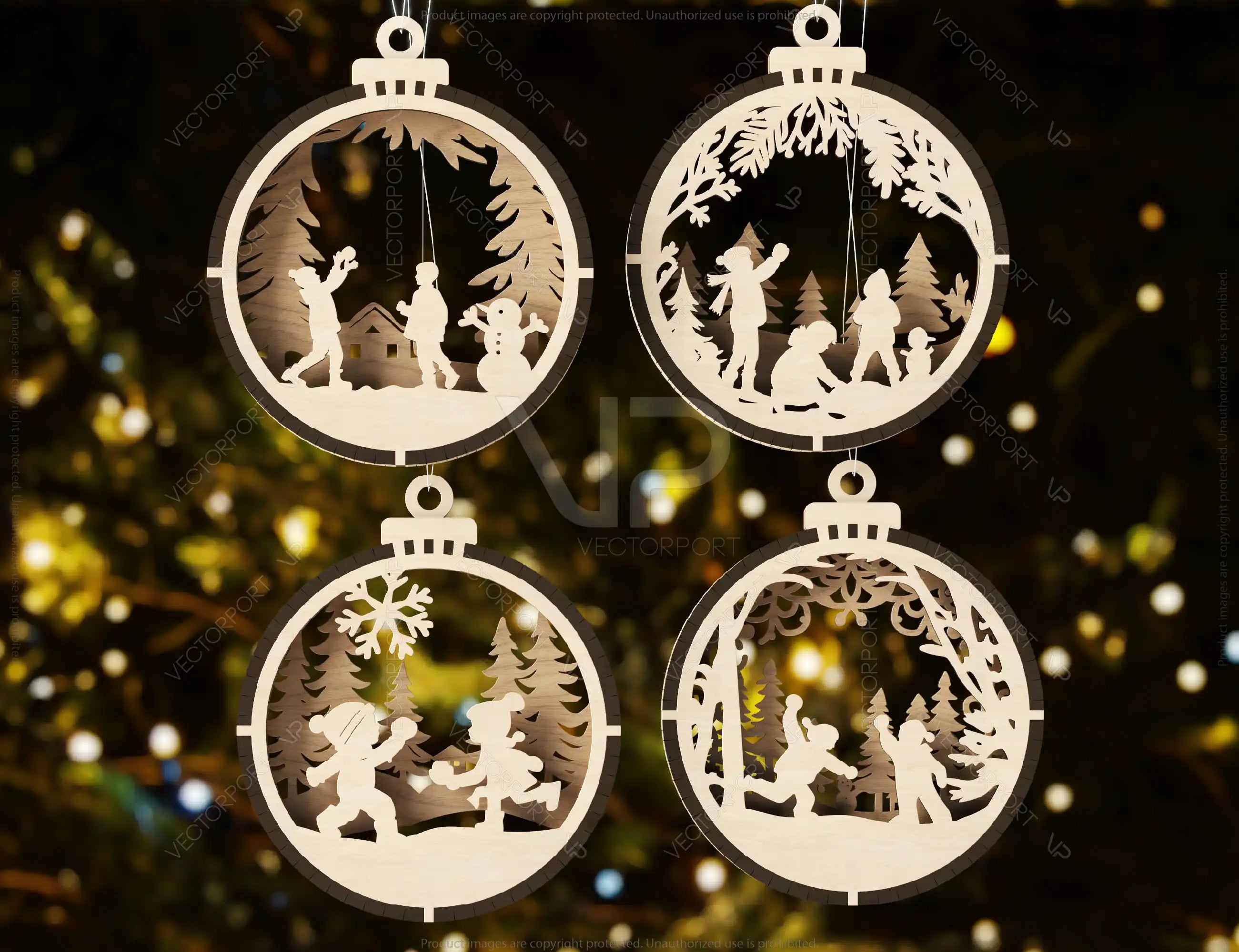 Bundle of 3D Christmas Ornaments, Tree Decorations Craft Set, Hanging Bauble with Snowy Scene, New Year Holiday Laser Cut Digital Download |#U434|