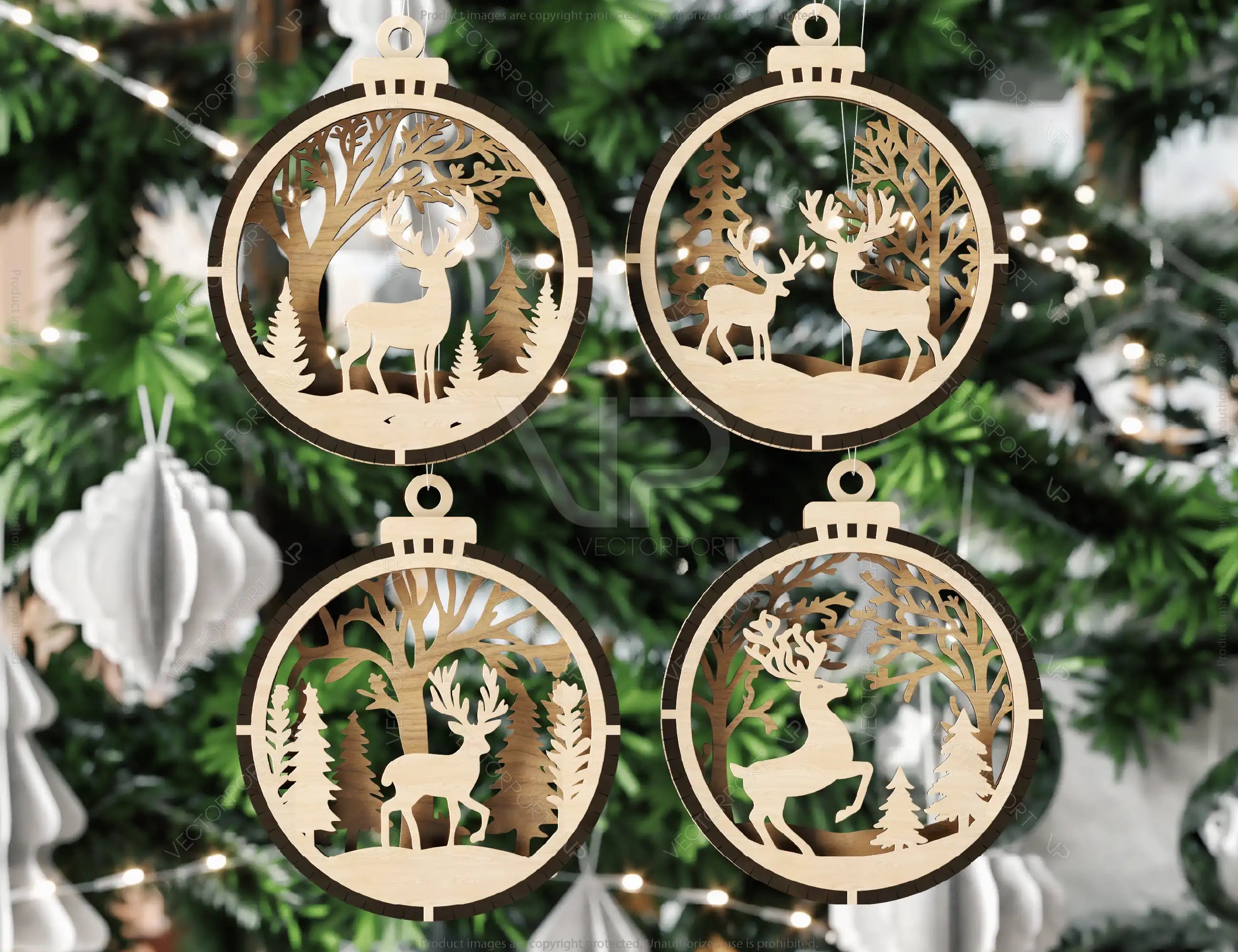 Bundle of 3D Christmas Ornaments, Tree Decorations Craft Set, Hanging Bauble with Snowy Scene, New Year Holiday Laser Cut Digital Download |#U434|