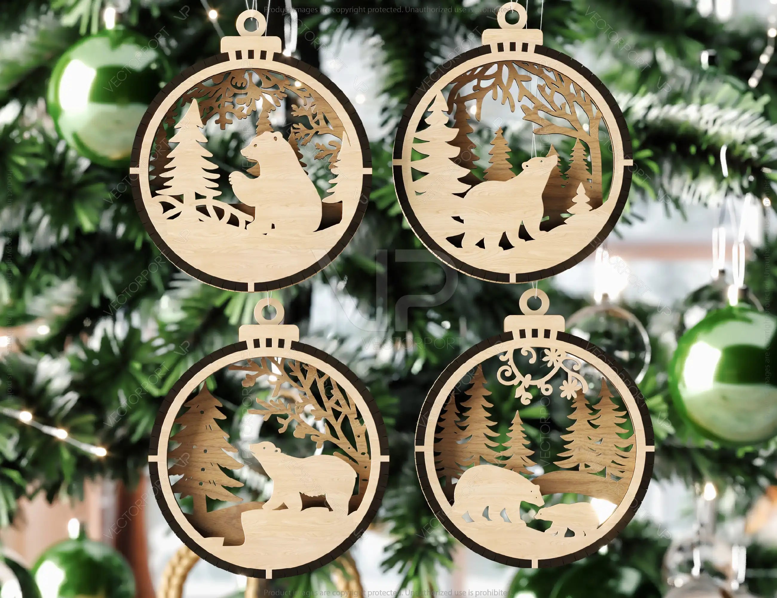 Bundle of 3D Christmas Ornaments, Tree Decorations Craft Set, Hanging Bauble with Snowy Scene, New Year Holiday Laser Cut Digital Download |#U434|