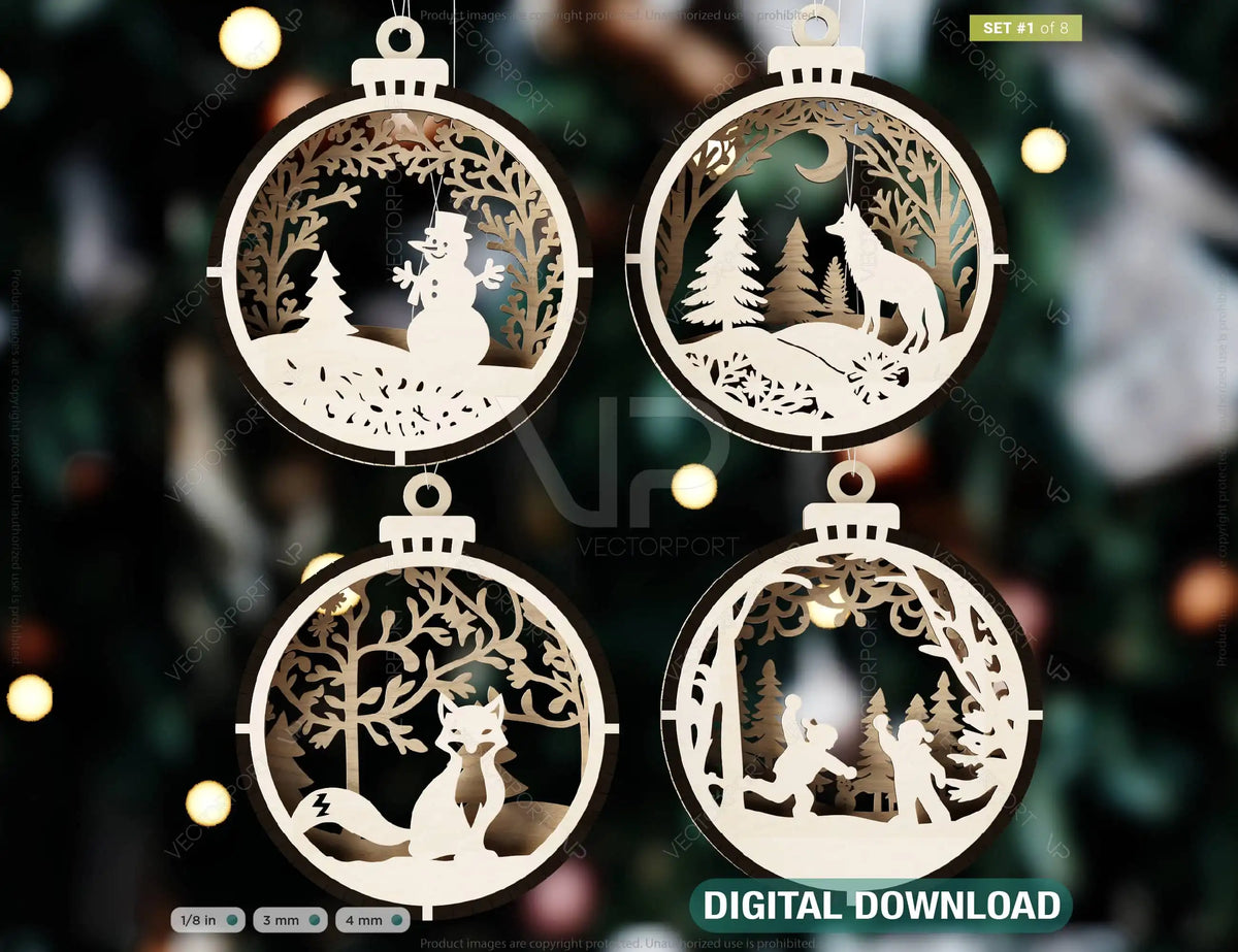 New Year Theme 3D Christmas Ornament Set Tree Decorations Craft Hanging Bauble Snowy Scene New Year Holiday Laser Cut Digital Download |#U435|