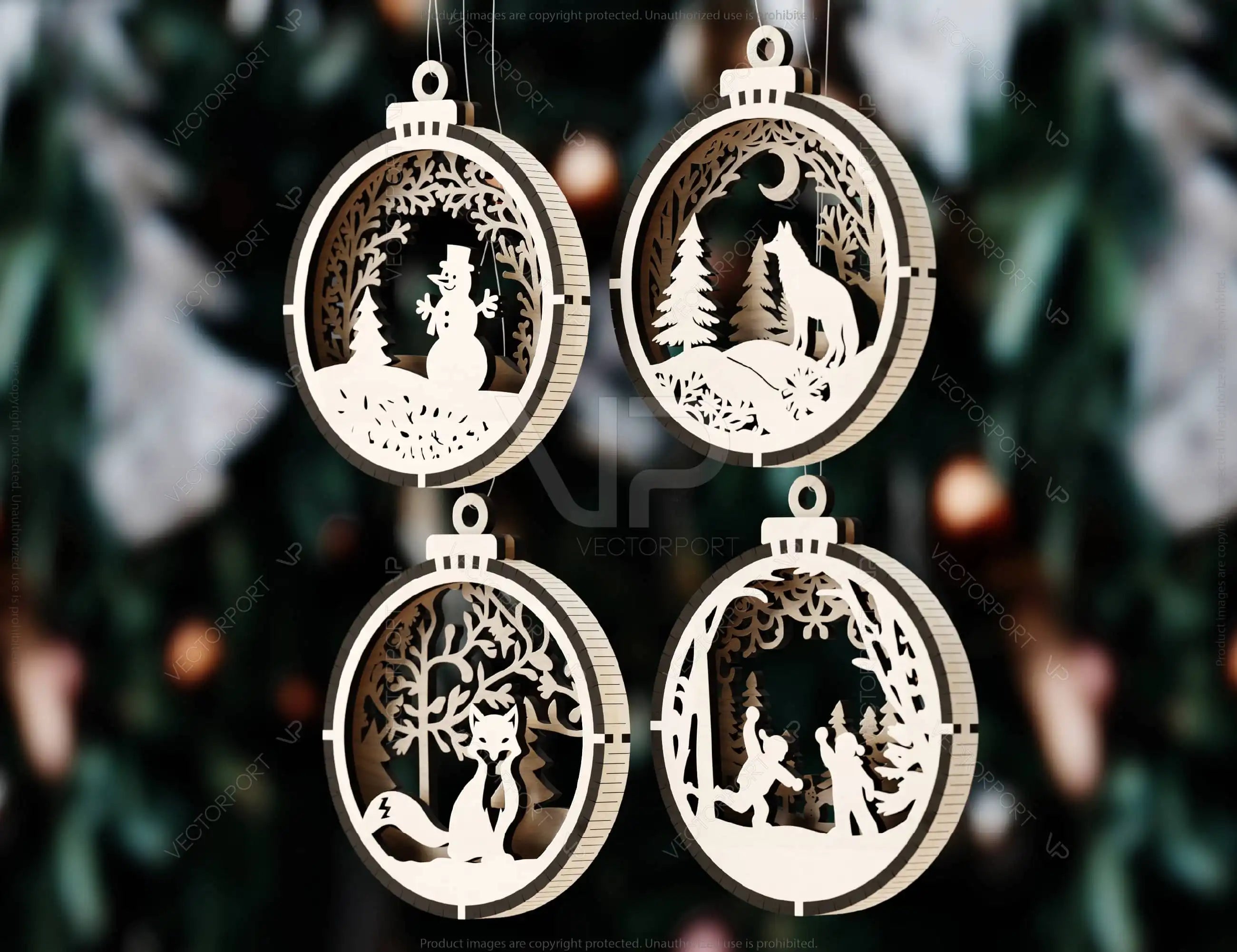 New Year Theme 3D Christmas Ornament Set Tree Decorations Craft Hanging Bauble Snowy Scene New Year Holiday Laser Cut Digital Download |#U435|