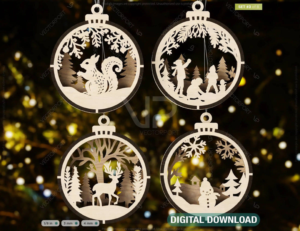 Christmas Theme 3D Christmas Ornament Set Tree Decorations Craft Hanging Bauble Snowy Scene New Year Holiday Laser Cut Digital Download |#U437|