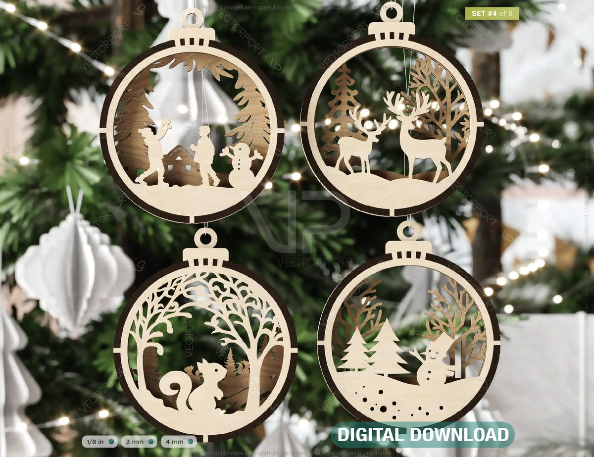 New Year Theme 3D Christmas Ornament Set Tree Decorations Craft Hanging Bauble Snowy Scene New Year Holiday Laser Cut Digital Download |#U438|