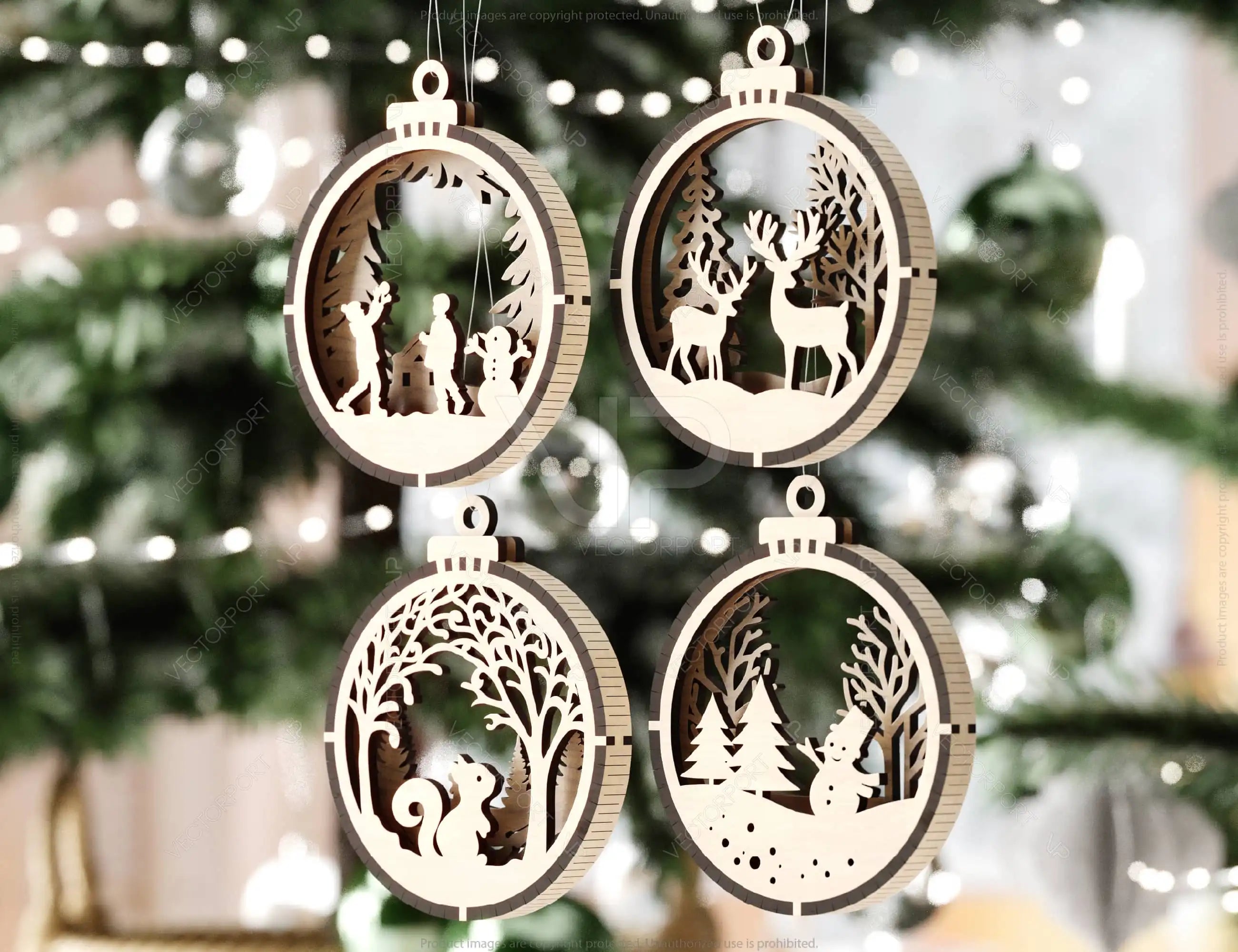 New Year Theme 3D Christmas Ornament Set Tree Decorations Craft Hanging Bauble Snowy Scene New Year Holiday Laser Cut Digital Download |#U438|