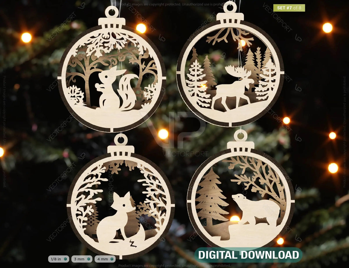 New Year Theme 3D Christmas Ornament Set Tree Decorations Craft Hanging Bauble Snowy Scene Holiday Laser Cut Digital Download |#U441|