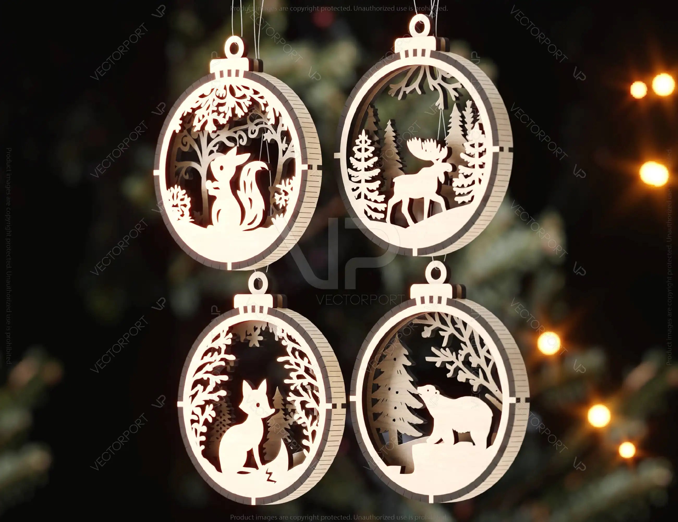 New Year Theme 3D Christmas Ornament Set Tree Decorations Craft Hanging Bauble Snowy Scene Holiday Laser Cut Digital Download |#U441|