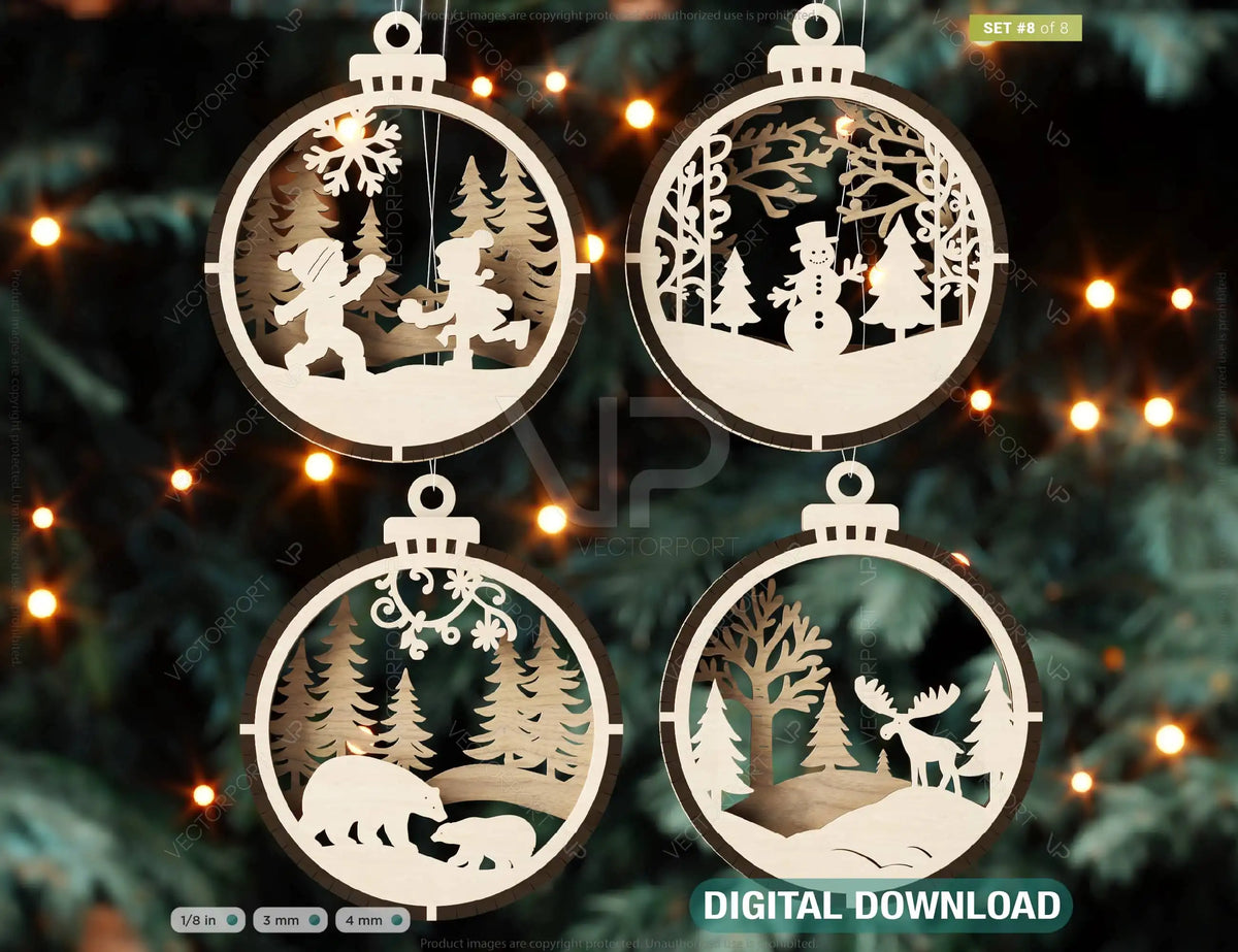 Chrismas Theme 3D Christmas Ornament Set Tree Decorations Craft Hanging Bauble Snowy Scene New Year Holiday Laser Cut Digital Download |#U442|