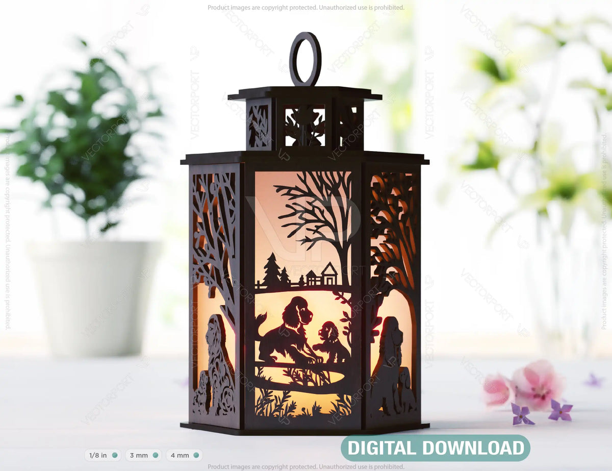 Spaniel & Puppy Dog Silhouette Forest Lantern: Laser Cut Tealight Candle Holder Night Light Forest Scene Lantern Digital Download |#U444|