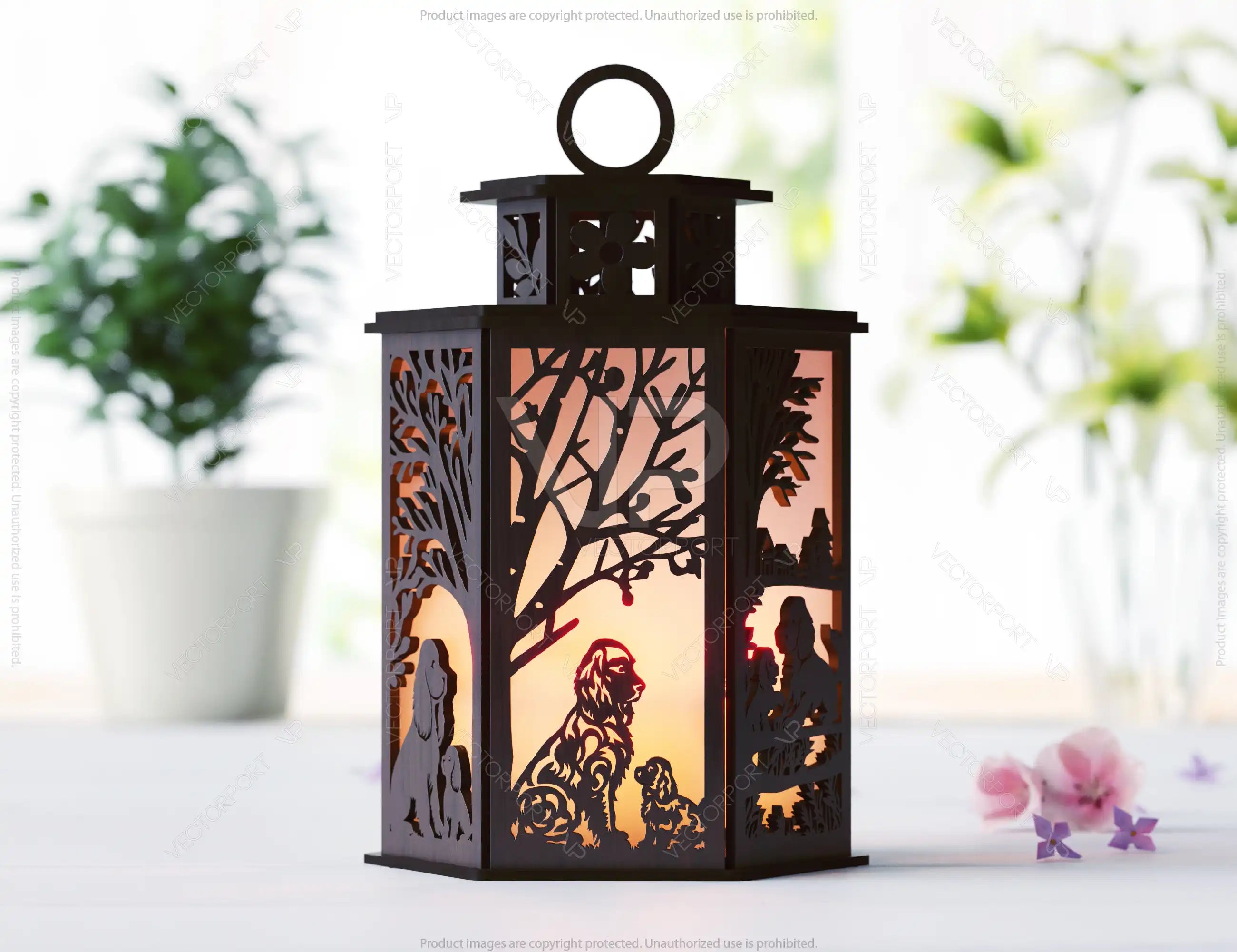 Spaniel & Puppy Dog Silhouette Forest Lantern: Laser Cut Tealight Candle Holder Night Light Forest Scene Lantern Digital Download |#U444|