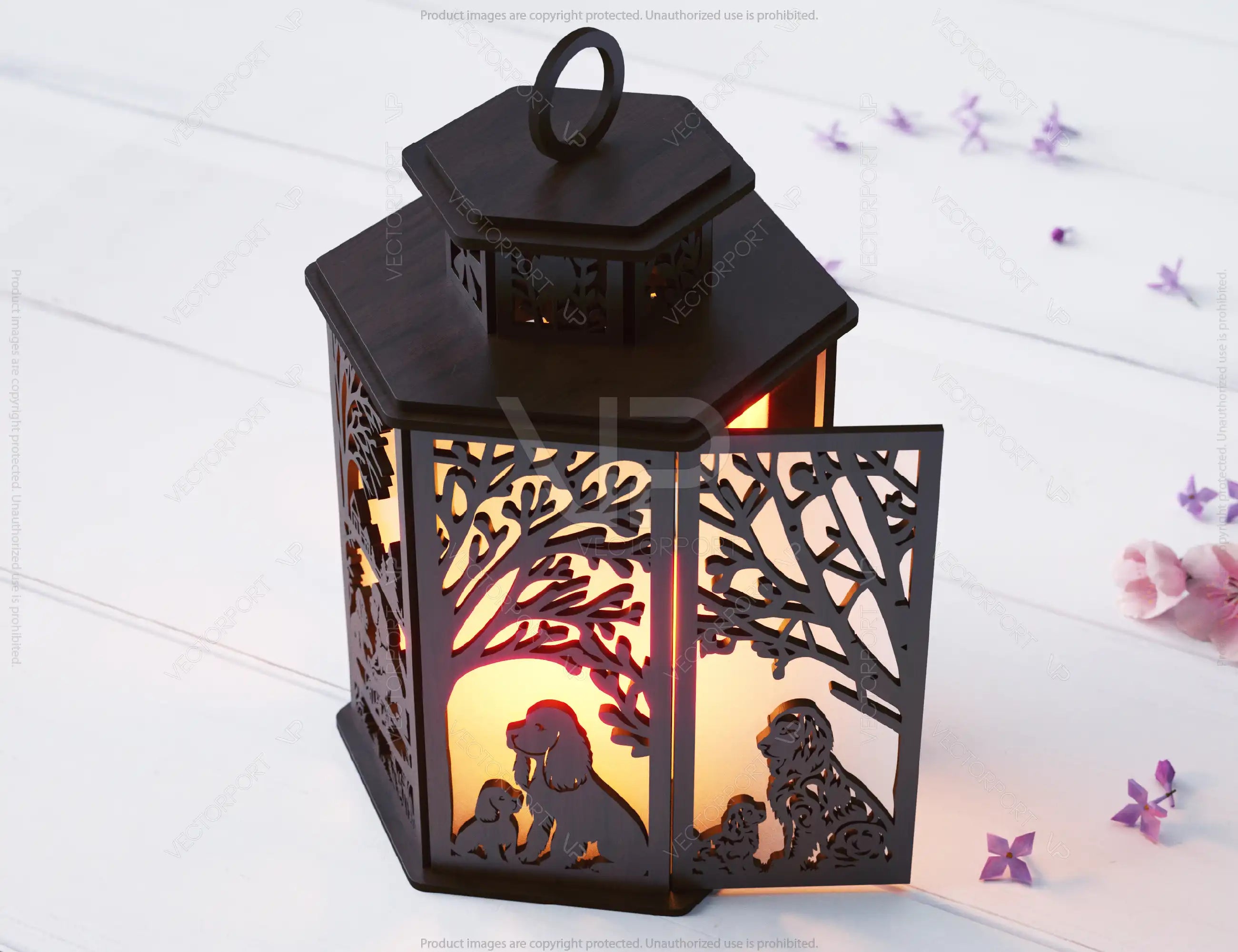 Spaniel & Puppy Dog Silhouette Forest Lantern: Laser Cut Tealight Candle Holder Night Light Forest Scene Lantern Digital Download |#U444|