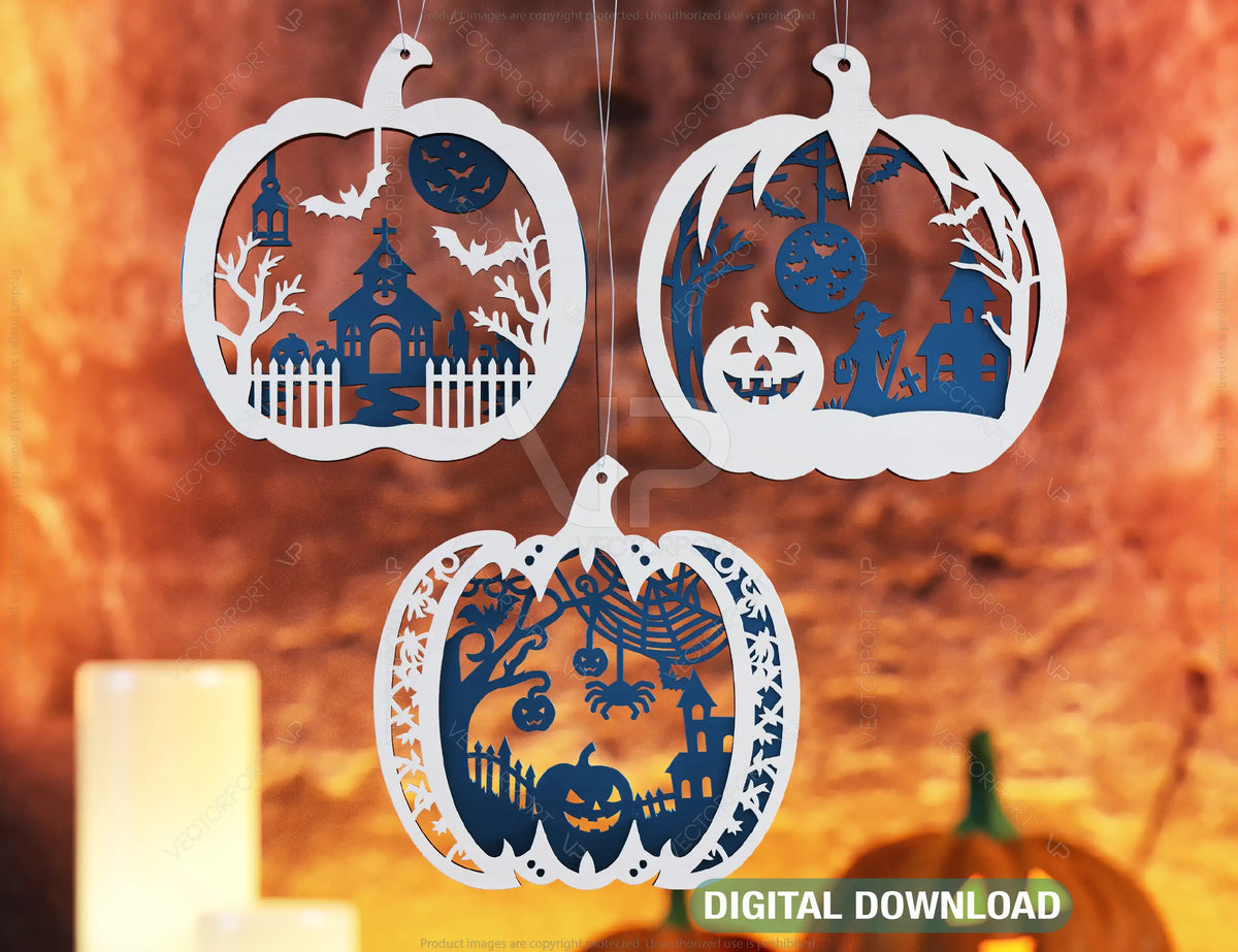 Pumpkin-Shaped Hanging Halloween Décor | Haunted House & Ghosts | Laser Cut Wooden Decoration | Spooky Scene Party Ornaments Digital Download |#U449|