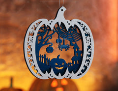 Pumpkin-Shaped Hanging Halloween Décor | Haunted House & Ghosts | Laser Cut Wooden Decoration | Spooky Scene Party Ornaments Digital Download |#U449|