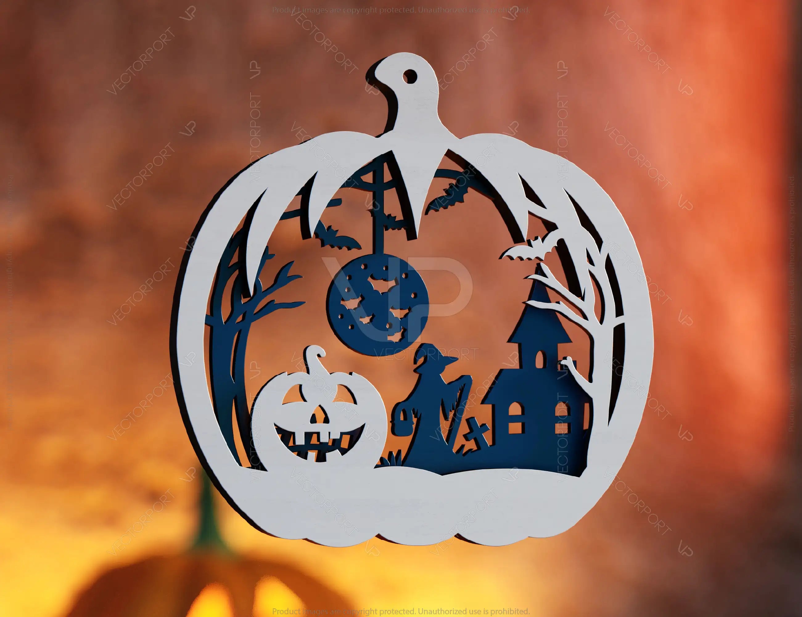 Pumpkin-Shaped Hanging Halloween Décor | Haunted House & Ghosts | Laser Cut Wooden Decoration | Spooky Scene Party Ornaments Digital Download |#U449|