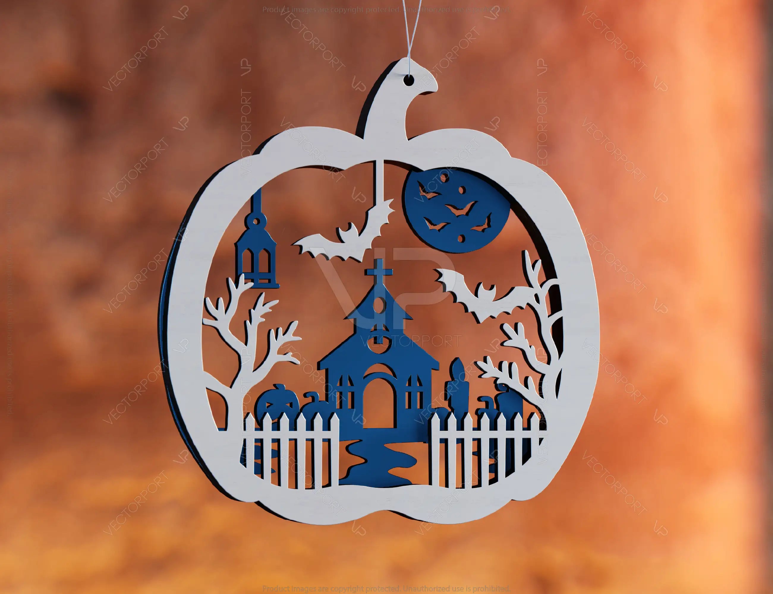 Pumpkin-Shaped Hanging Halloween Décor | Haunted House & Ghosts | Laser Cut Wooden Decoration | Spooky Scene Party Ornaments Digital Download |#U449|