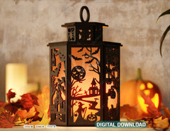 Halloween Lantern Tealight Holder Haunted House Ghosts Bats Spooky Scene Lamp Digital Download |#U450|