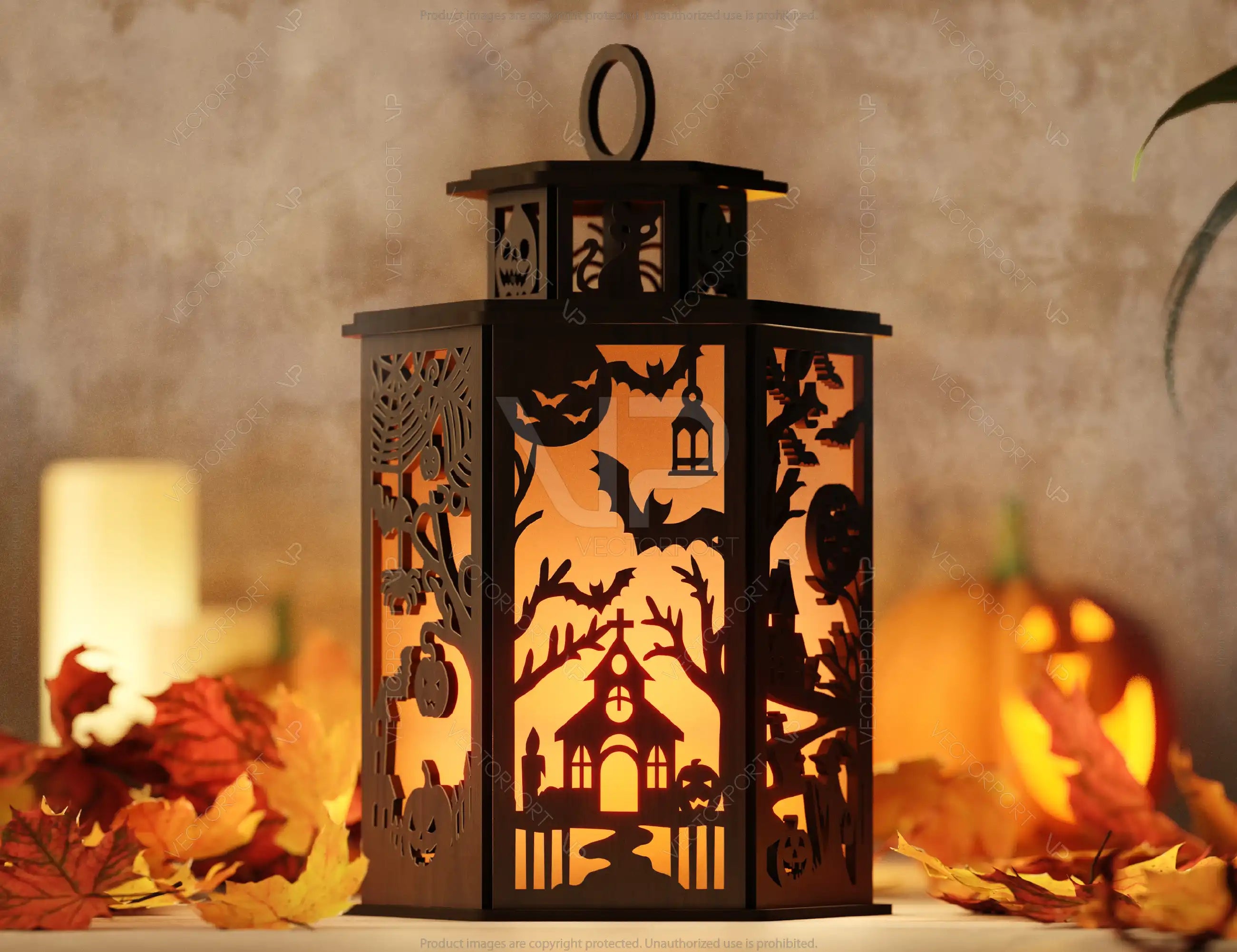 Halloween Lantern Tealight Holder Haunted House Ghosts Bats Spooky Scene Lamp Digital Download |#U450|