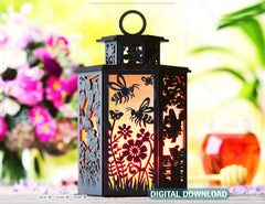 Bees & Blossom Lantern: Laser Cut Tealight Candle Holder with Flying Bees and Flowering Tree Branches Silhouette Candle Holder Night Light Digital Download |#U451|