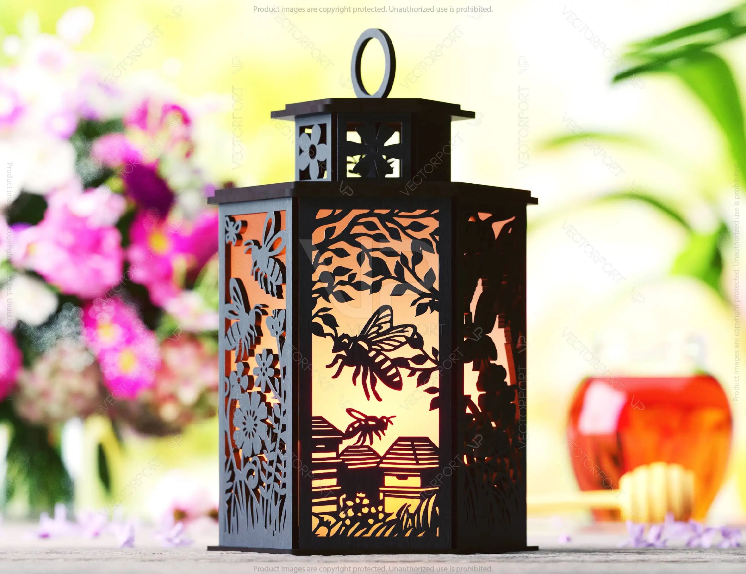 Bees & Blossom Lantern: Laser Cut Tealight Candle Holder with Flying Bees and Flowering Tree Branches Silhouette Candle Holder Night Light Digital Download |#U451|