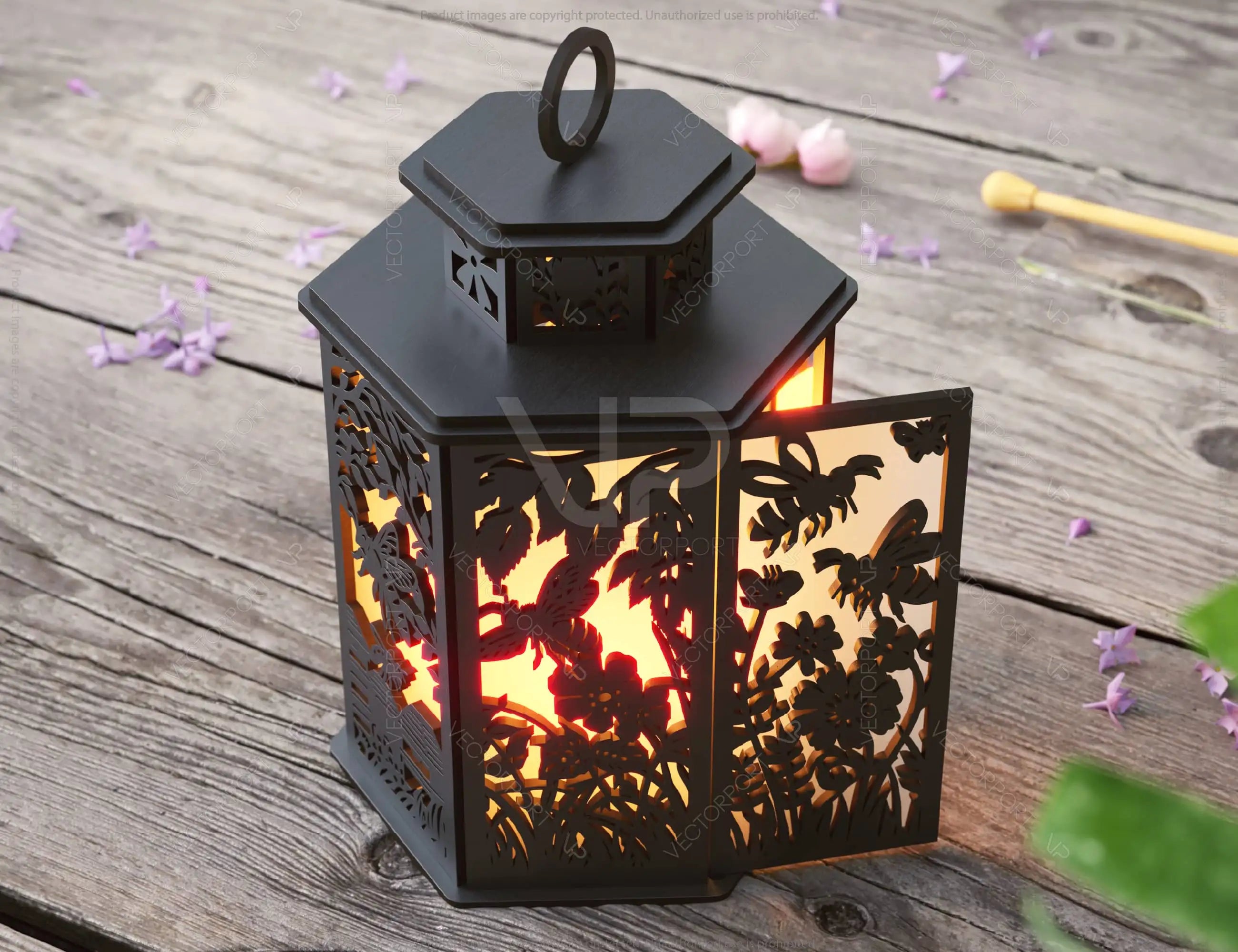 Bees & Blossom Lantern: Laser Cut Tealight Candle Holder with Flying Bees and Flowering Tree Branches Silhouette Candle Holder Night Light Digital Download |#U451|