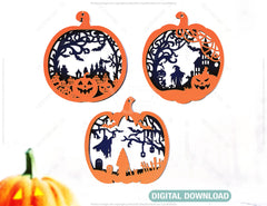 Pumpkin-Shaped Hanging Halloween Décor | Haunted House & Ghosts | Laser Cut Wooden Decoration | Spooky Scene Party Ornaments Digital Download |#U452|