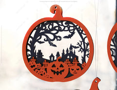 Pumpkin-Shaped Hanging Halloween Décor | Haunted House & Ghosts | Laser Cut Wooden Decoration | Spooky Scene Party Ornaments Digital Download |#U452|