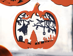 Pumpkin-Shaped Hanging Halloween Décor | Haunted House & Ghosts | Laser Cut Wooden Decoration | Spooky Scene Party Ornaments Digital Download |#U452|