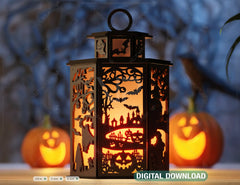 Halloween Lantern Tealight Holder Haunted House Ghosts Bats Spooky Scene Lamp Digital Download |#U453|