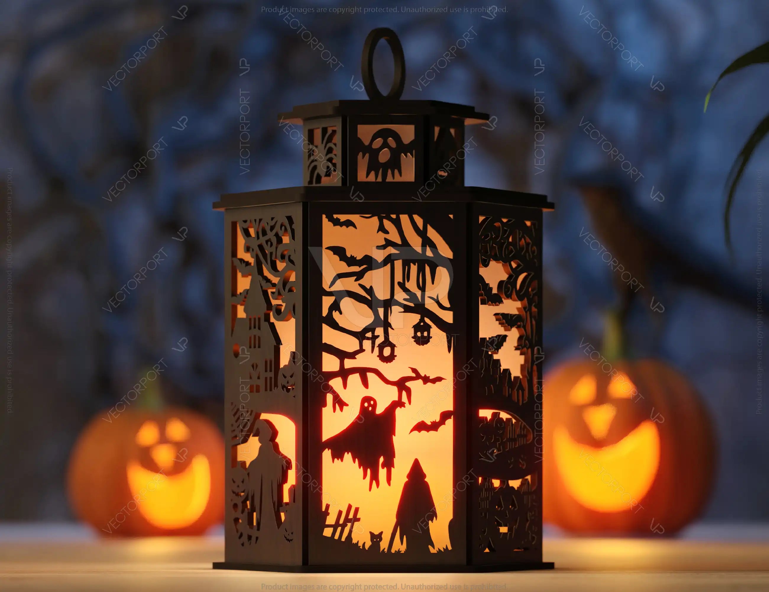 Halloween Lantern Tealight Holder Haunted House Ghosts Bats Spooky Scene Lamp Digital Download |#U453|