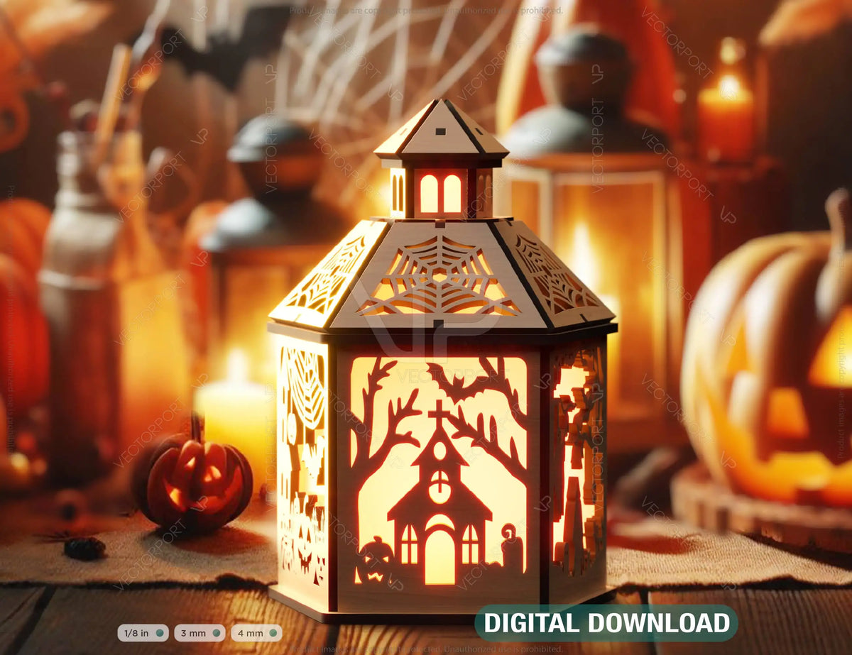 Halloween Lantern Tealight Holder Haunted House Ghosts Bats Spooky Scene Lamp Digital Download |#U455|