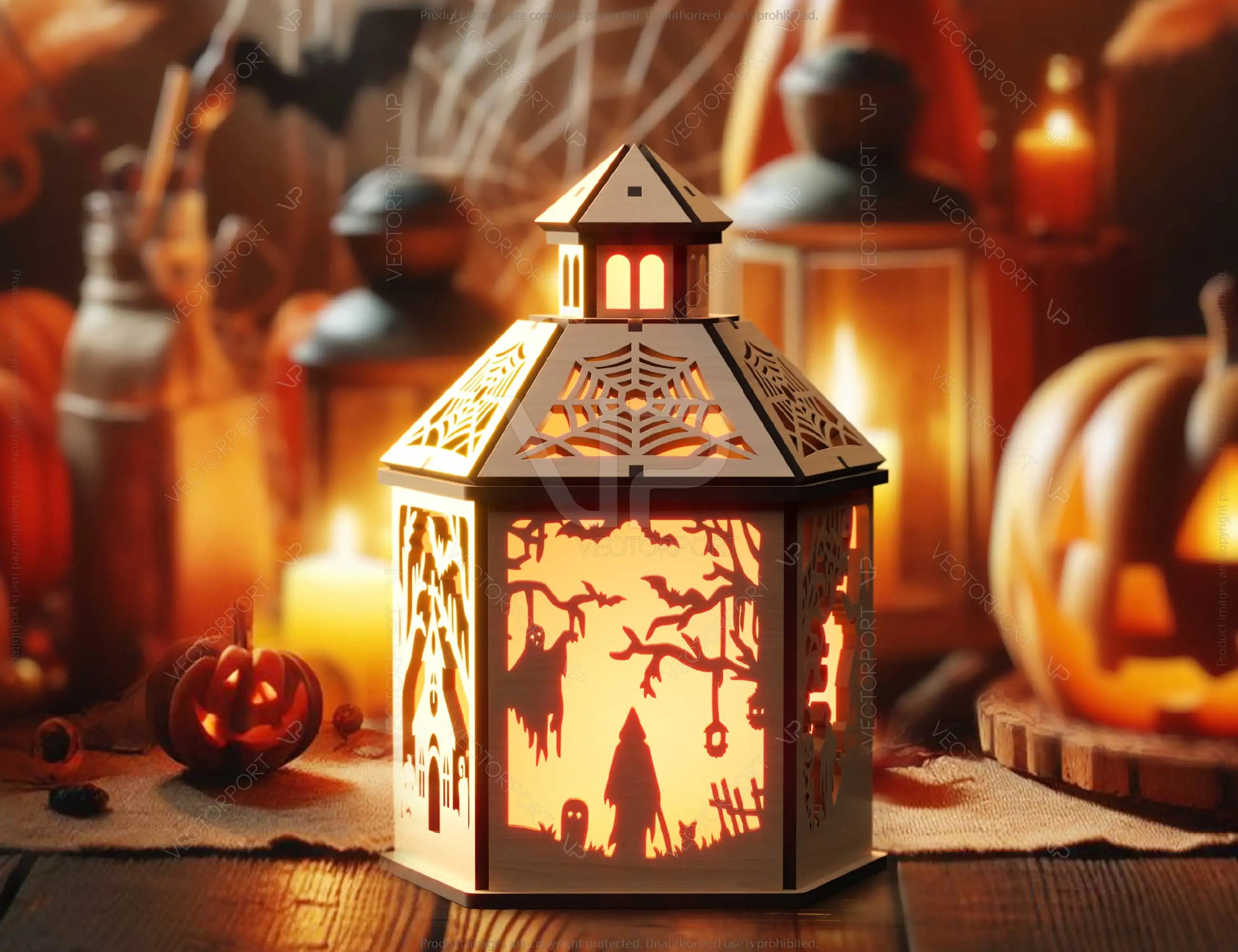 Halloween Lantern Tealight Holder Haunted House Ghosts Bats Spooky Scene Lamp Digital Download |#U455|