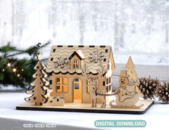 Christmas Theme House: Winter Wonderland Miniature House with Reindeer, Snowman, and New Year Tree - Snowy Scene Laser Cutting Digital Download |#U459|