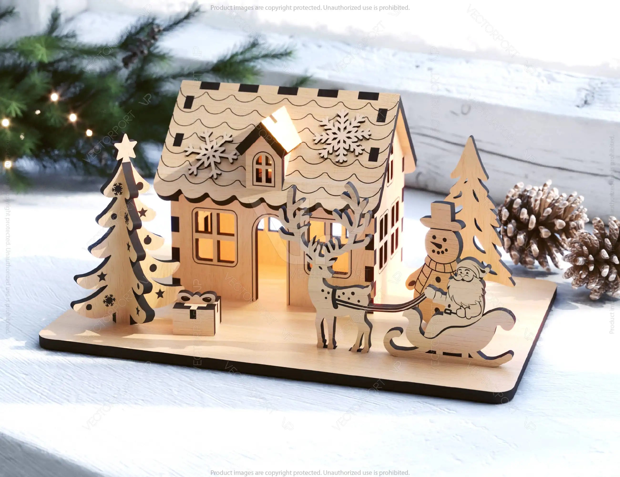 Christmas Theme House: Winter Wonderland Miniature House with Reindeer, Snowman, and New Year Tree - Snowy Scene Laser Cutting Digital Download |#U459|