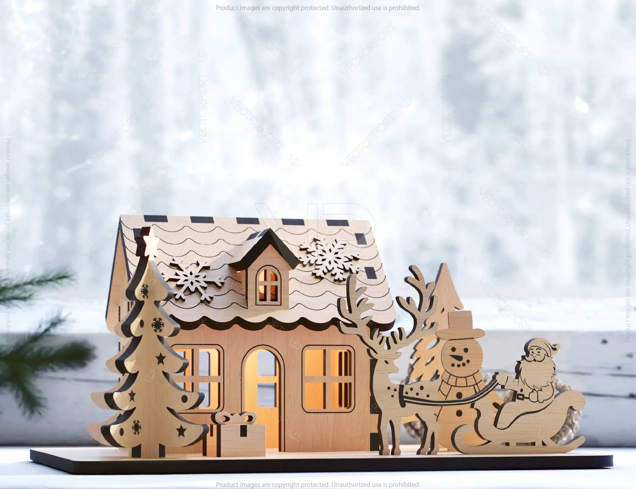 Christmas Theme House: Winter Wonderland Miniature House with Reindeer, Snowman, and New Year Tree - Snowy Scene Laser Cutting Digital Download |#U459|