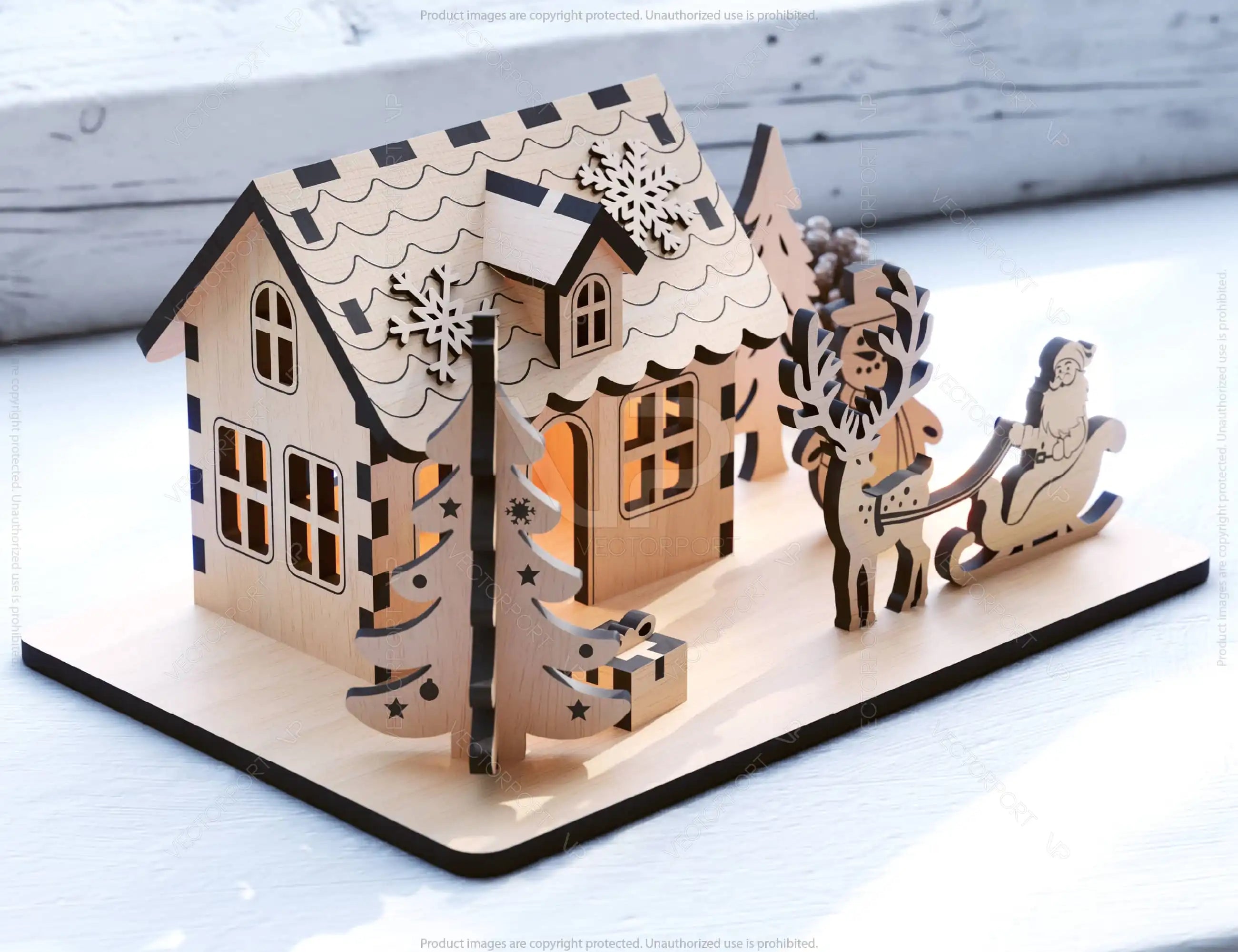 Christmas Theme House: Winter Wonderland Miniature House with Reindeer, Snowman, and New Year Tree - Snowy Scene Laser Cutting Digital Download |#U459|