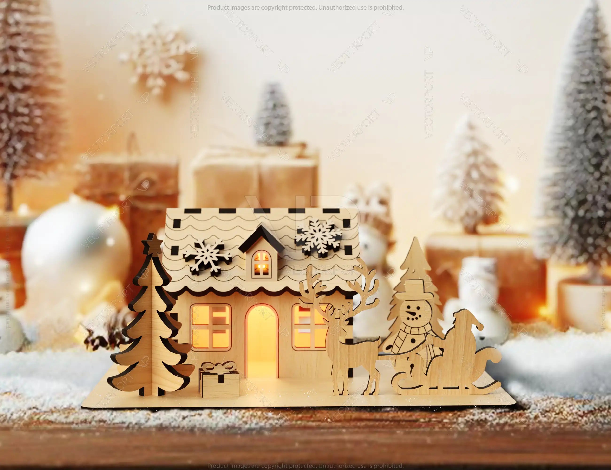 Christmas Theme House: Winter Wonderland Miniature House with Reindeer, Snowman, and New Year Tree - Snowy Scene Laser Cutting Digital Download |#U459|