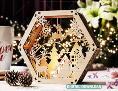 Hexagon Laser Cut Lamp Snowy Scene Christmas Lantern Candle Holder, Winter Wonderland Decoration Night Light, Digital Download |#U463|