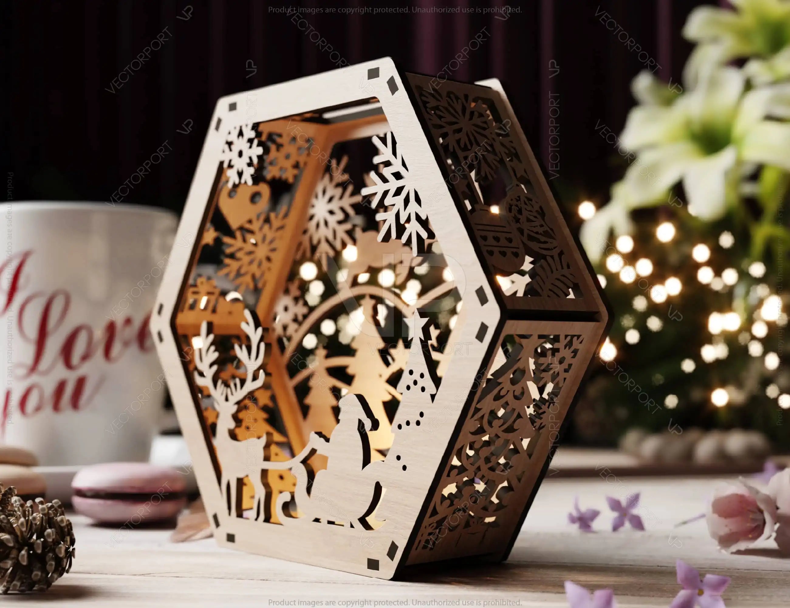 Hexagon Laser Cut Lamp Snowy Scene Christmas Lantern Candle Holder, Winter Wonderland Decoration Night Light, Digital Download |#U463|