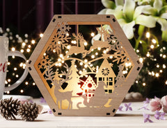 Hexagon Laser Cut Lamp Snowy Scene Christmas Lantern Candle Holder, Winter Wonderland Decoration Night Light, Digital Download |#U463|