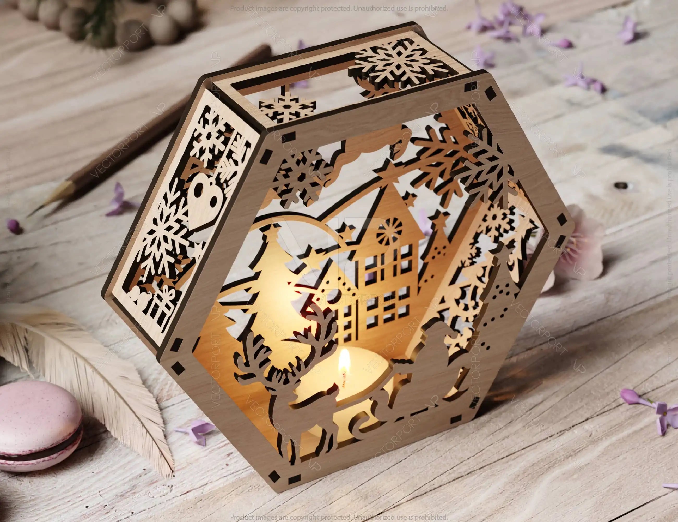 Hexagon Laser Cut Lamp Snowy Scene Christmas Lantern Candle Holder, Winter Wonderland Decoration Night Light, Digital Download |#U463|