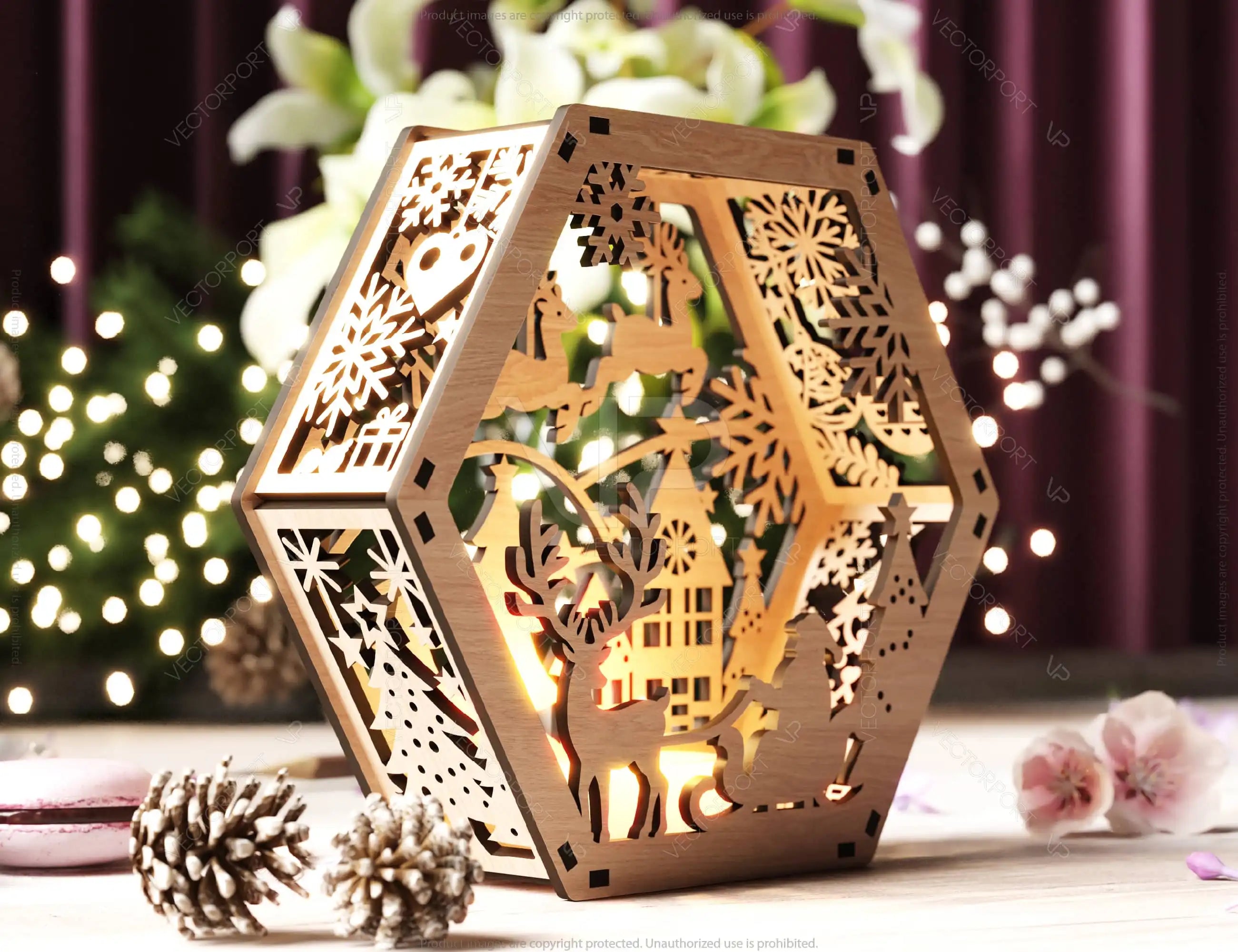 Hexagon Laser Cut Lamp Snowy Scene Christmas Lantern Candle Holder, Winter Wonderland Decoration Night Light, Digital Download |#U463|