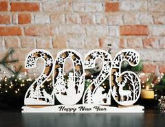 2026 Christmas Standing Display, Festive Wooden Cutout Scene with Snowman, Reindeer, and Snowflakes, Laser Cut Digital Download |#U479|