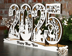 2025 Christmas Standing Display, Festive Wooden Cutout Scene with Snowman, Reindeer, and Snowflakes, Laser Cut Digital Download |#U479|