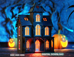 3D Halloween Spooky House Lantern Tealight Holder Haunted House Night Lamp Laser Cut Digital Download |#U480|