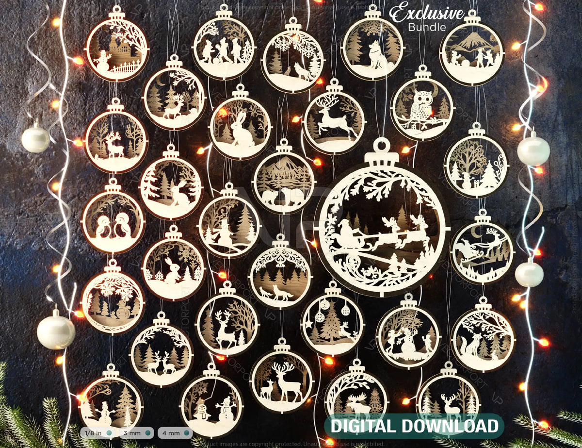 New Year Themed Bundle of 3D Christmas Ornaments, Tree Decorations Craft Set, Hanging Bauble with Snowy Scene Holiday Laser Cut Digital Download |#U481|