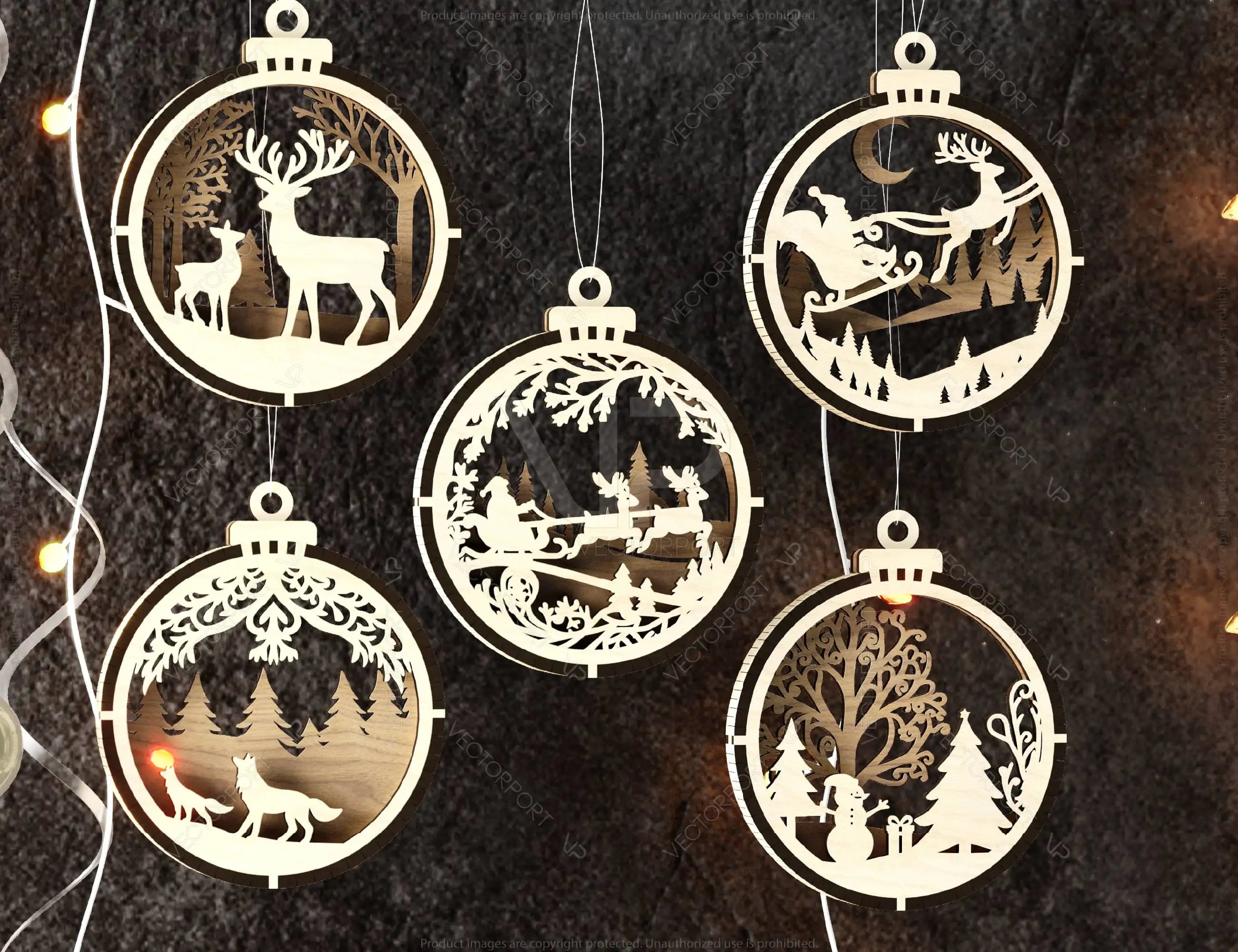 New Year Themed Bundle of 3D Christmas Ornaments, Tree Decorations Craft Set, Hanging Bauble with Snowy Scene Holiday Laser Cut Digital Download |#U481|