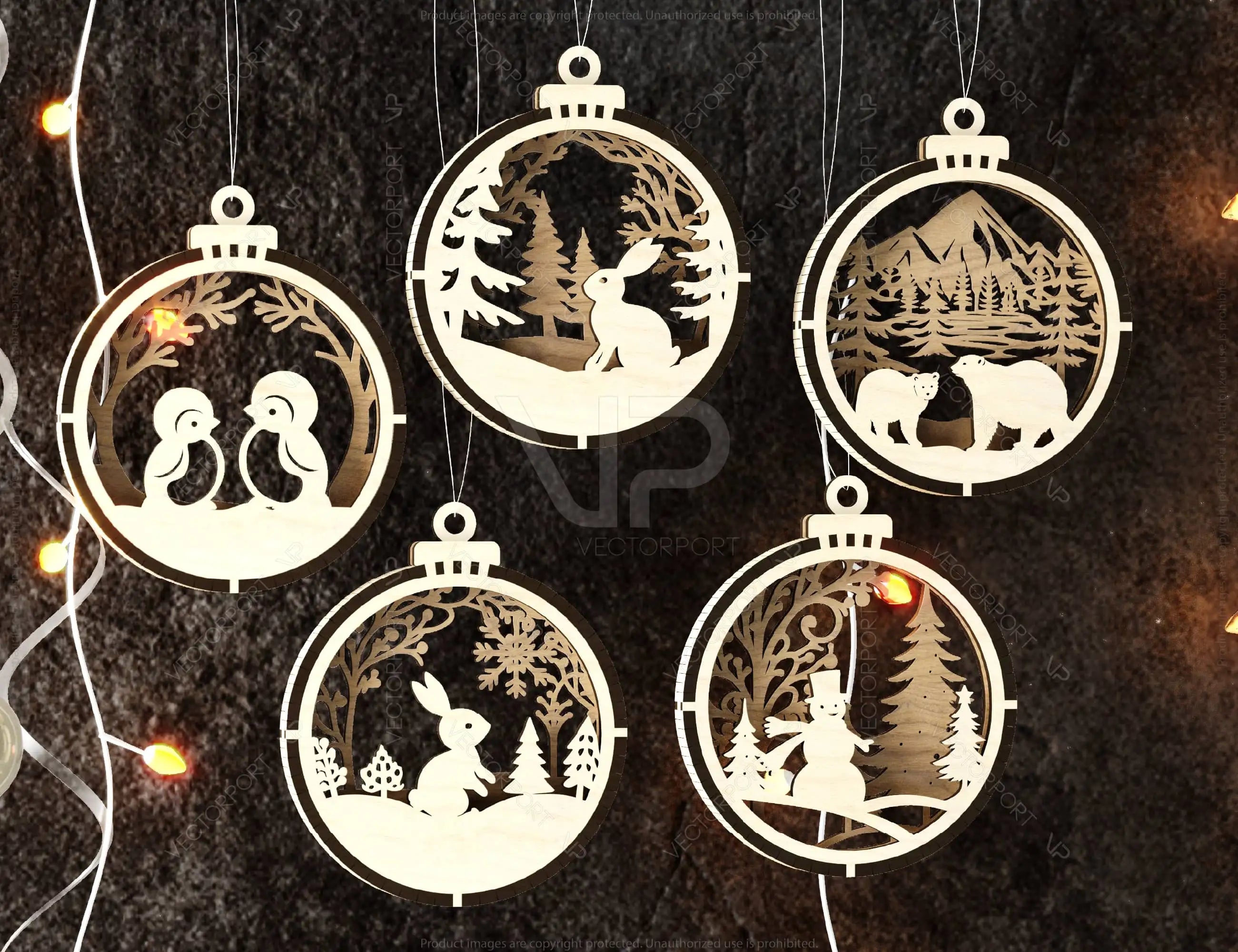 New Year Themed Bundle of 3D Christmas Ornaments, Tree Decorations Craft Set, Hanging Bauble with Snowy Scene Holiday Laser Cut Digital Download |#U481|