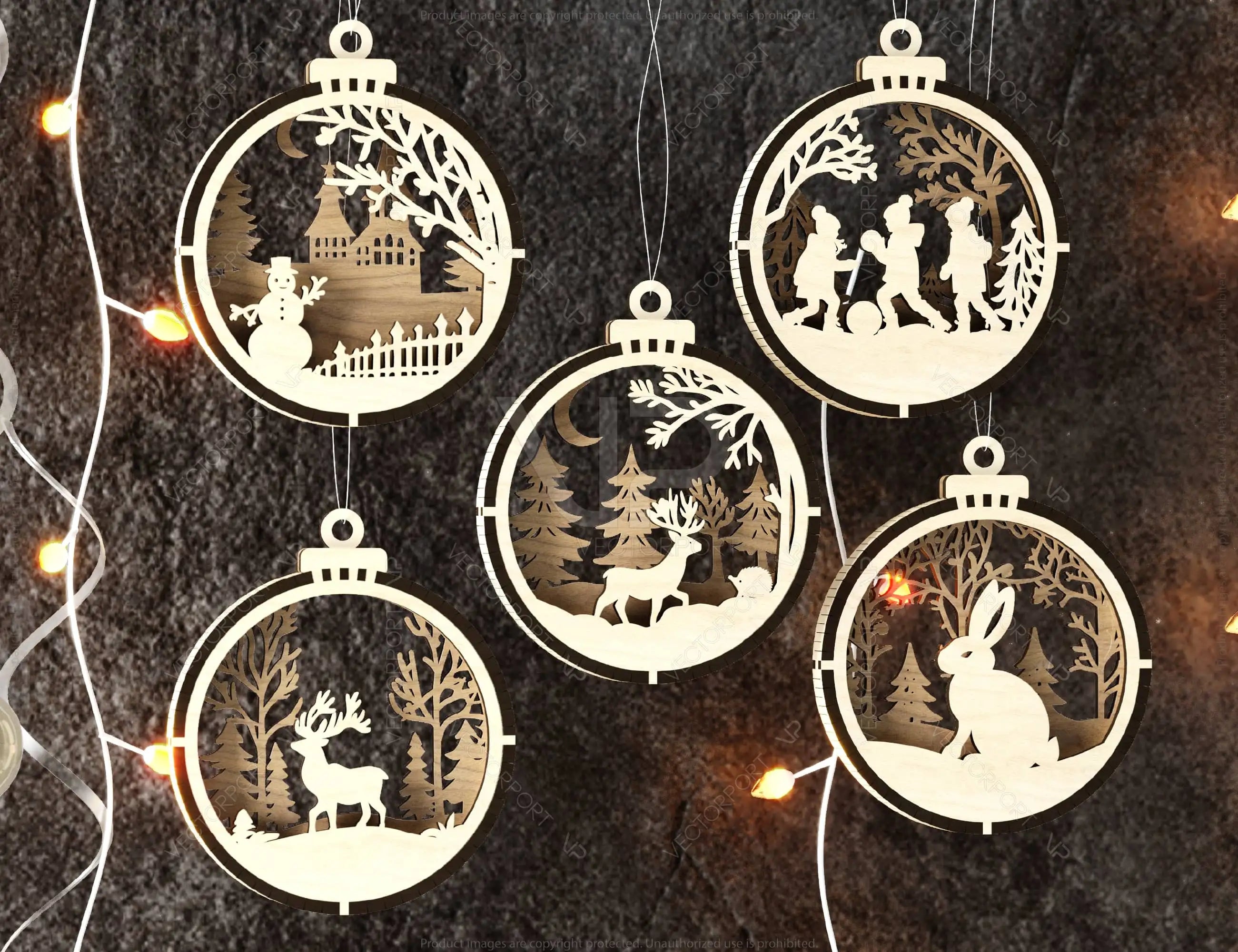 New Year Themed Bundle of 3D Christmas Ornaments, Tree Decorations Craft Set, Hanging Bauble with Snowy Scene Holiday Laser Cut Digital Download |#U481|